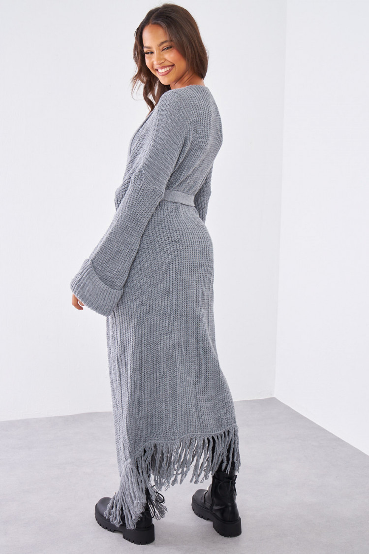 Gilet en maille gris à franges ceinturé