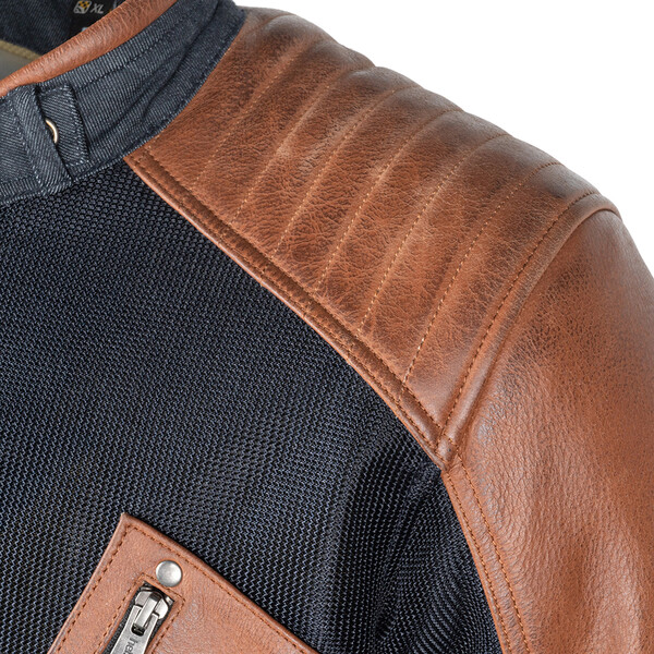 Helstons - Blouson Colt Air toile denim mesh cuir Bleu / Camel
