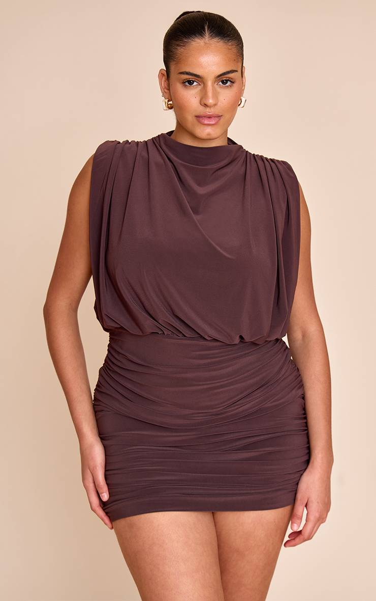 Chocolat Robe Mini Moulante Double Épaisseur Avec Épaulettes Grande Taille