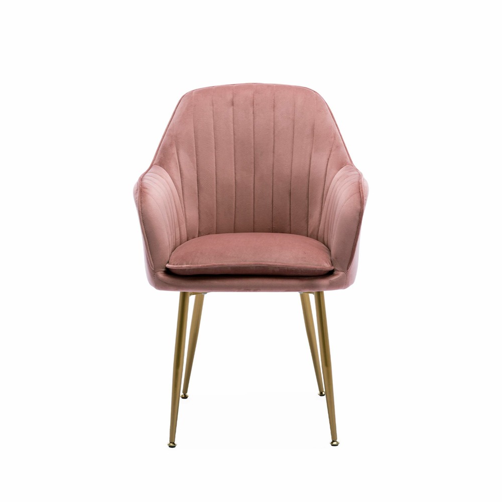 Fauteuil en velours vieux rose et pieds en métal doré. Shella l 58 x p 58 x h 85