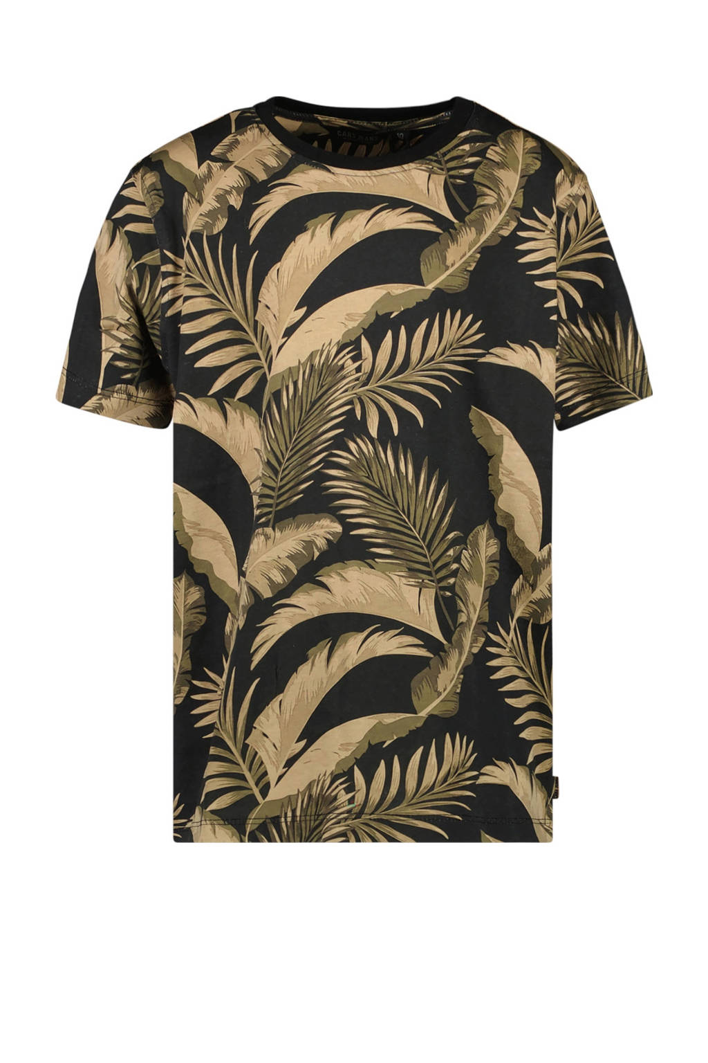 Cars T-shirt OPINO met bladprint zwart/mosgroen