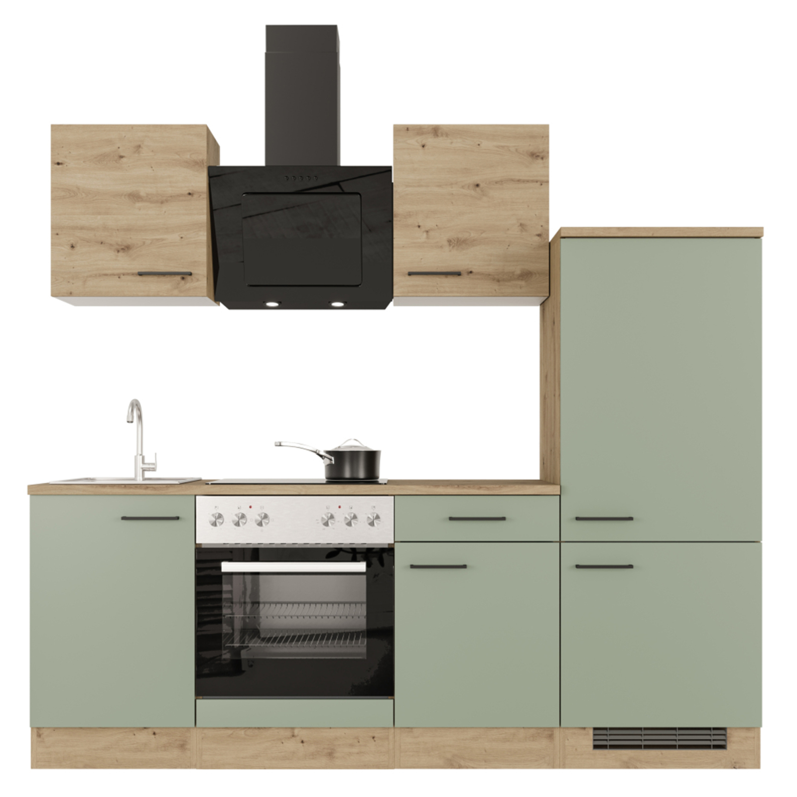 Küchenblock CARA - schilfgrün - Artisan Eiche - mit E-Geräten - 220 cm