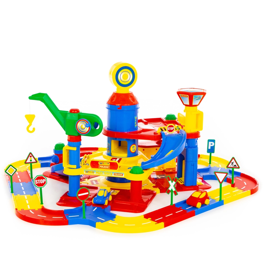 Wader Quality Toys Park Tower mit 3 Ebenen, Autos und Spielstraße