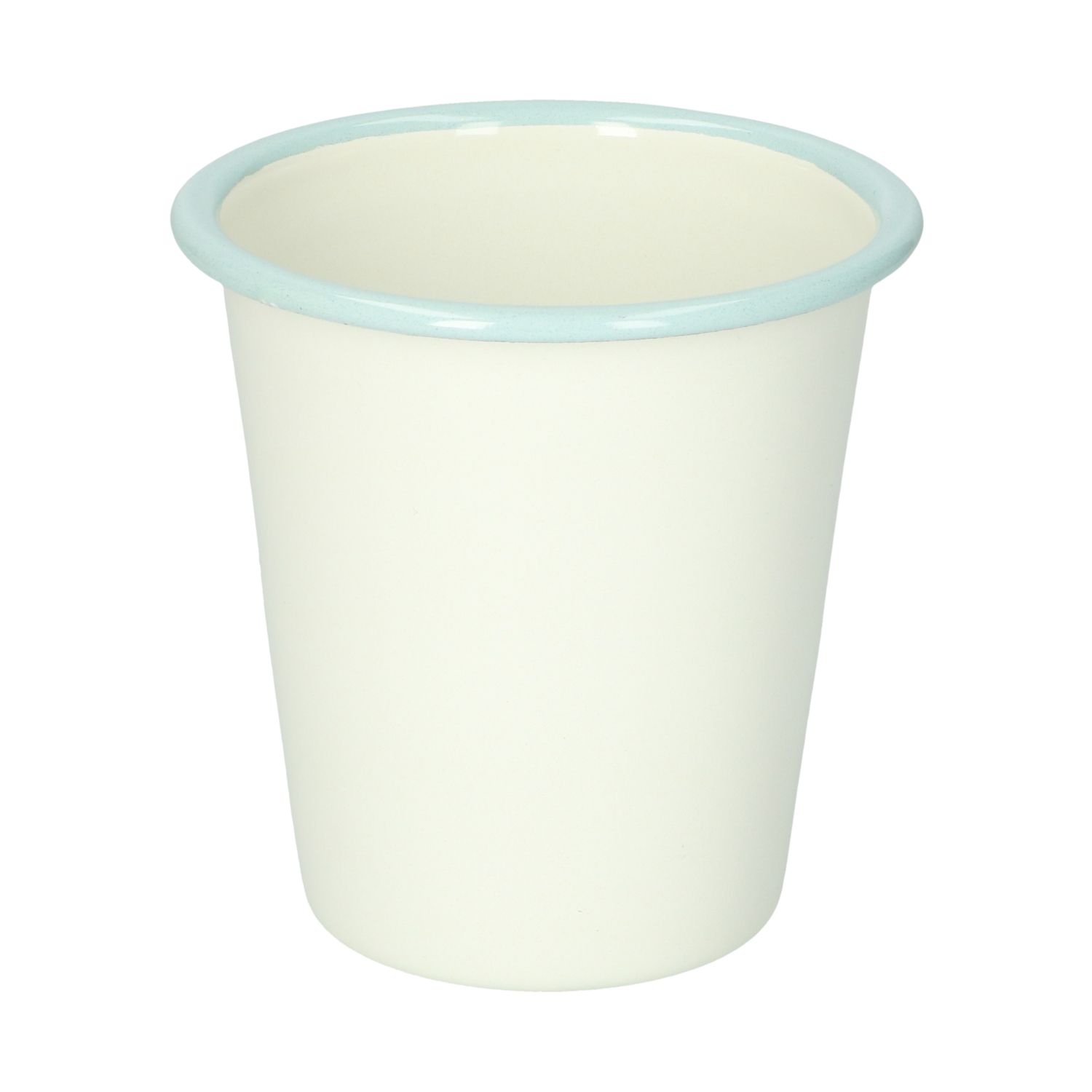 Beker, emaille, wit met blauwe rand