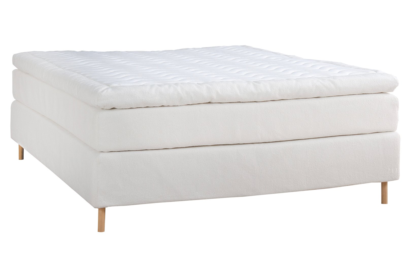 Premium LUX 200 kontinentalseng 180x210 cm i tekstil Bris 101 hvit med fast/fast fasthet, Premium LUX 200 overmadrass med tekstilkant og runde ben hvitoljet eik 15 cm