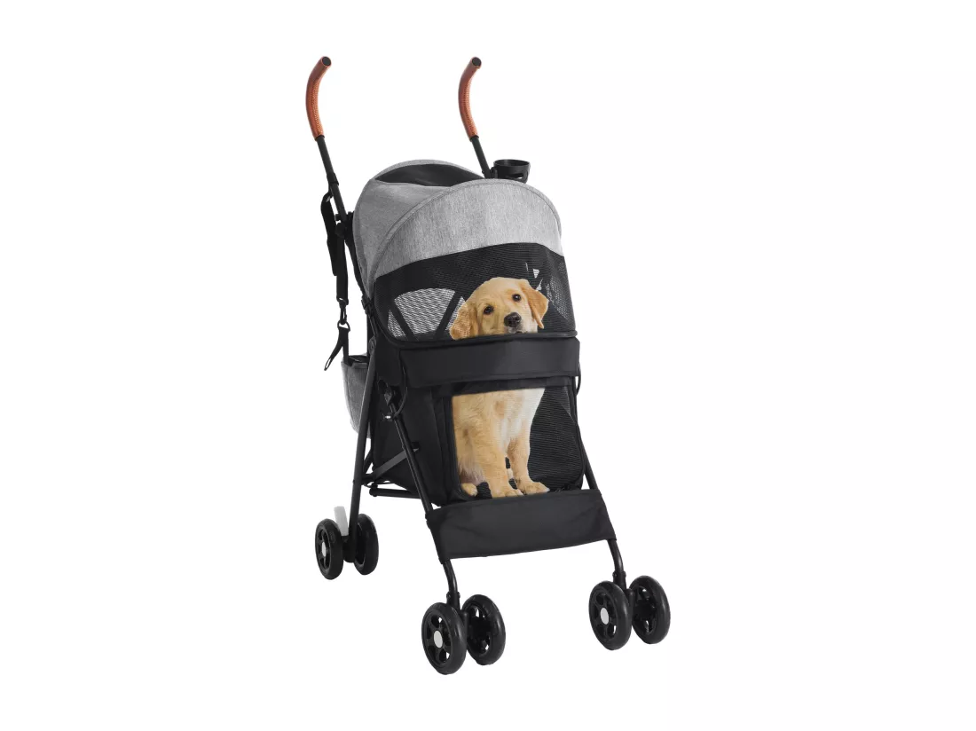 YITAHOME Poussette pour Chiens de Petite et Moyenne Taille - à 4 Roues avec Bretelles - Pliable - Porte-Gobelet - Gris