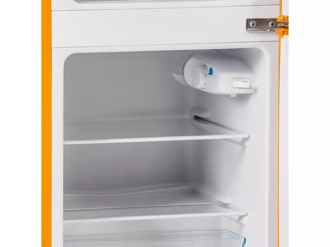 Réfrigérateur Rétro H86x45Lcm - Réfrigérateur Congélateur LED 2 Portes 60L + Congélateur 22L, 163kWh/an, Double Casier à Oeufs et Trois Etagères Intérieures - jaune