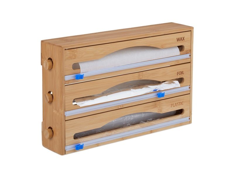 relaxdays Folienschneider 3 in 1 Natur Folienorganizer für Wand und Schublade