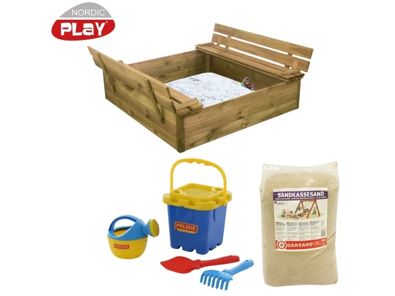 NORDIC PLAY Sandkasse med bænk & låg 120x120 cm, med 240 kg sand og blåt strandsæt (805-744)