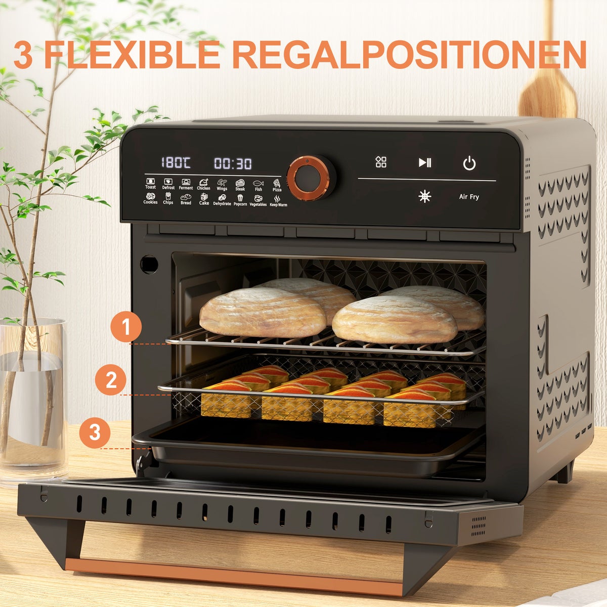 HOMCOM Mini-oven met hetelucht, 20L, 3-in-1 met grillrooster, 40°C-220°C, met frituurmand, timer, binnenverlichting, 1400W, 36L x 37B x 34,5H cm, roestvrij staal, zwart