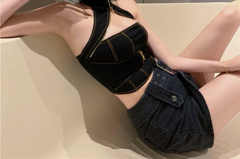 Lexama - Halter denim cropped camisole top / kokerrok