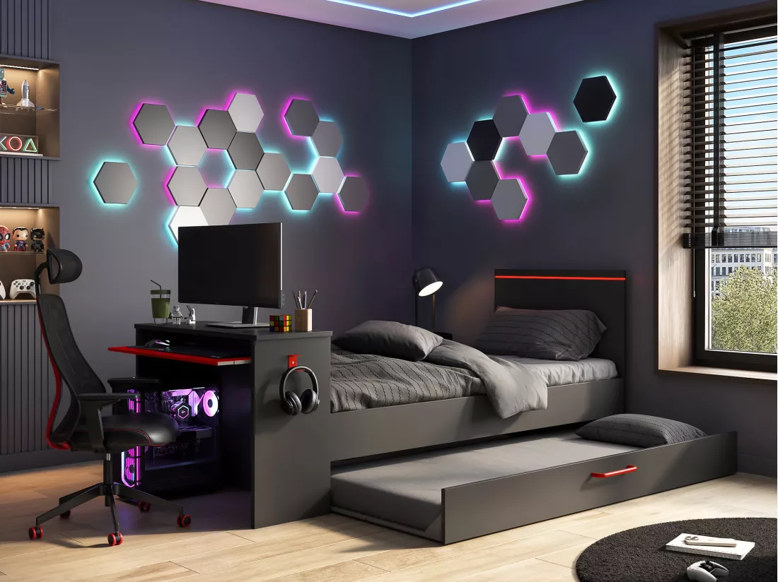 Lit gigogne gamer2 x 90 x 200 cm - Avec bureau - LEDs - Anthracite et rouge + Sommier - VOUANI