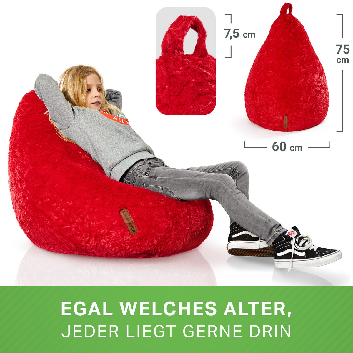 Green Bean Pluche Zitzak 45x45x60cm - Binnenzitkussen met 120L EPS-korrelvulling, comfortabel, wasbaar - Zitzak Vloerkussen, Loungestoelkruk - Rood