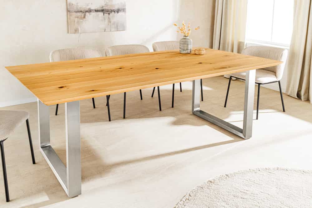 Massivholz Esstisch WILD OAK 160cm natur Wildeiche Schweizer Kante Edelstahl U-Gestell