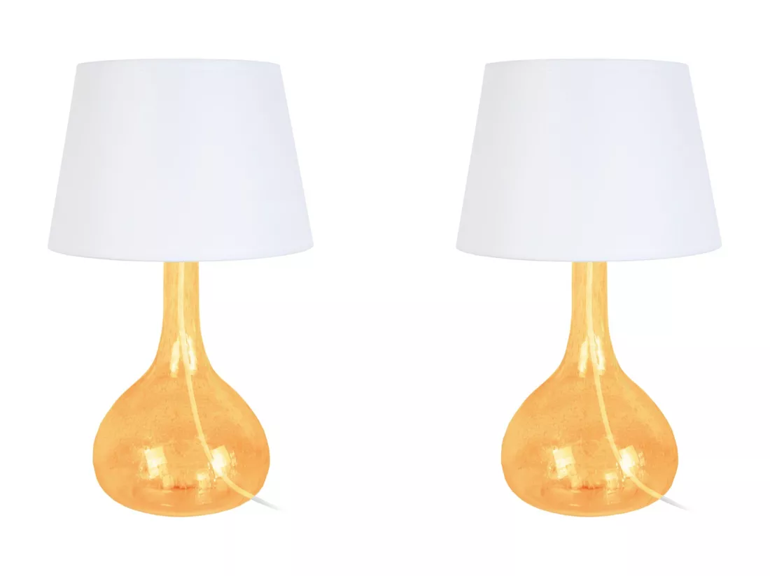 Pair de Lampes de chevet bouteille verre ambre. 34 cm.