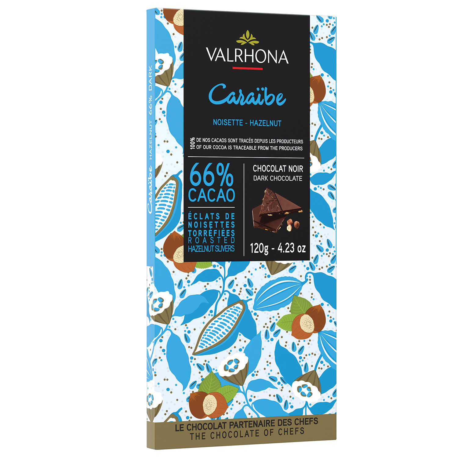 Tablette de chocolat noir Caraïbe 66% éclats de noisette torréfiés Valrhona