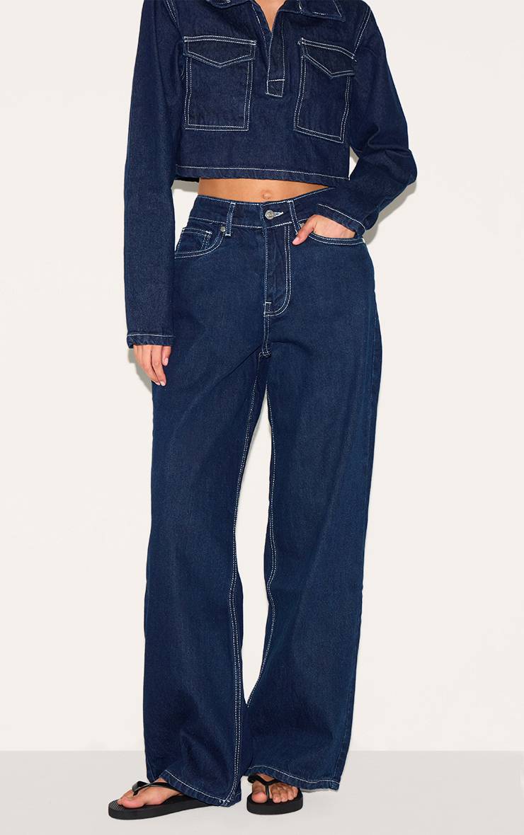 Bleu Indigo Jean Large Slouchy À Coutures Contrastées
