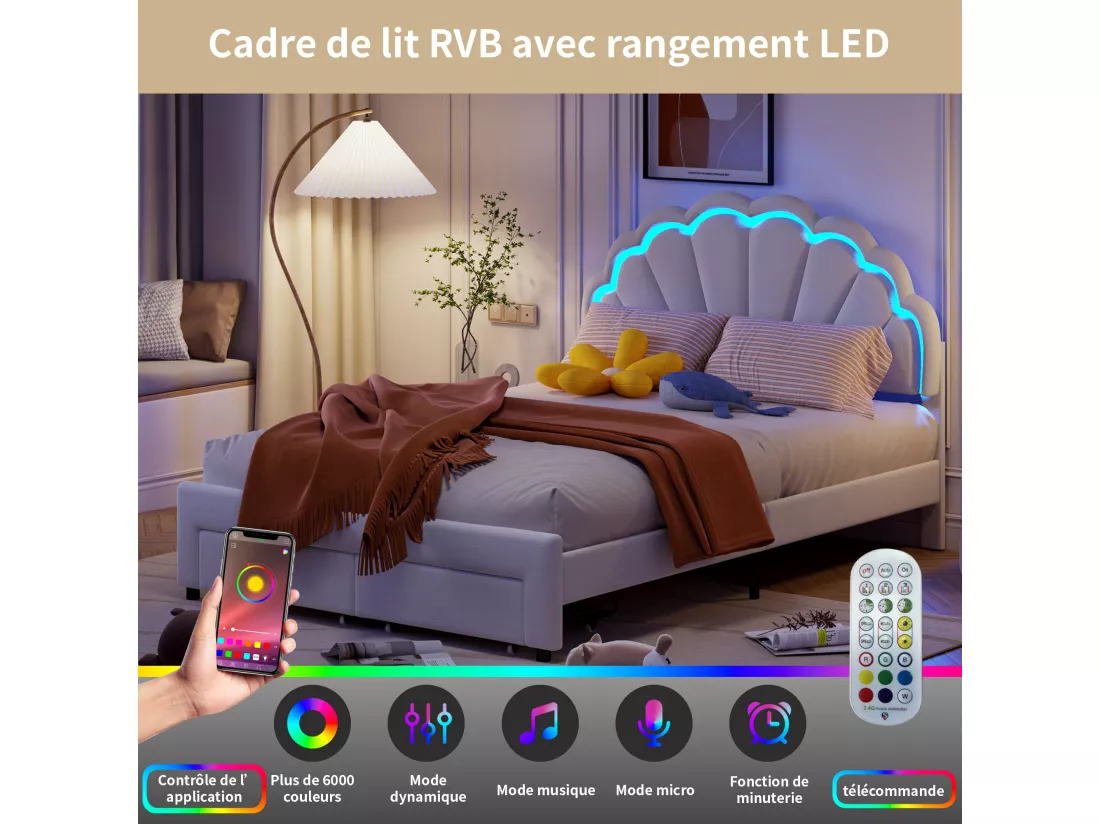 Lit double 140x200,lit double capitonné,2 tiroirs en bout de lit,tête de lit pétale,LED réglable,velours,blanc