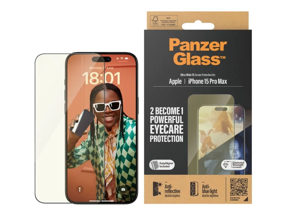 PanzerGlass™ | Ultra-Wide Fit - Skærmbeskyttelse til mobiltelefon - EyeCare Protection | Apple iPhone 15 Pro Max