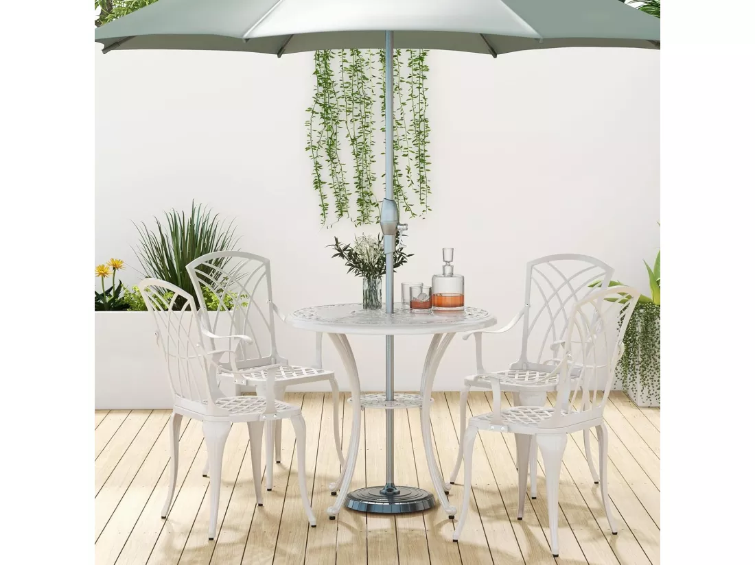 Ensemble Bistrot pour Patio 5 Pièces en Fonte d'Aluminium, Table Ronde avec Trou pour Parasol et 4 Chaises, Salon de Jardin Résistant aux Intempéries pour Jardin Terrasse, Blanc