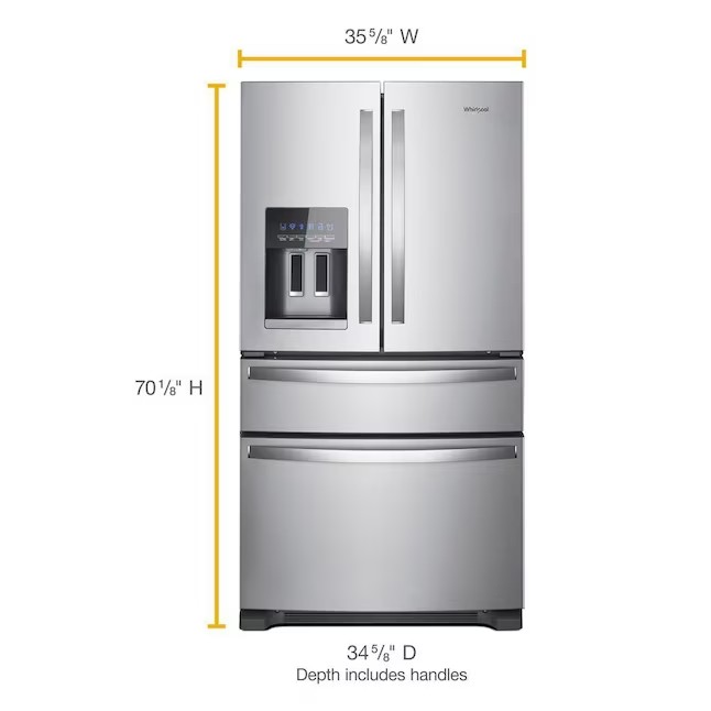 Refrigerador Whirlpool de 24,5 pés cúbicos com 4 portas e sistema French Door, com máquina de gelo (aço inoxidável resistente a impressões digitais) e certificação ENERGY STAR.