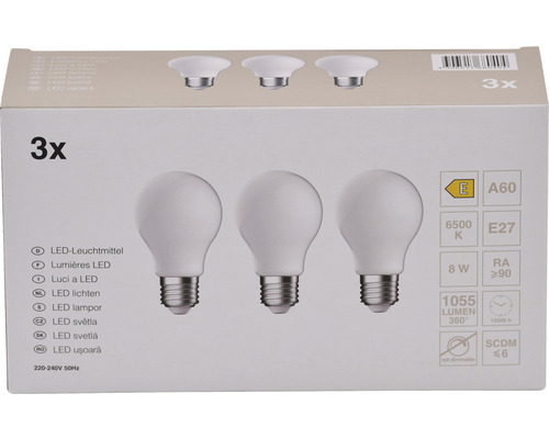 3x LED Lamp A60 E27/8.0W (75W) 1055 lm 6500 K daglichtwit mat 3 stuks