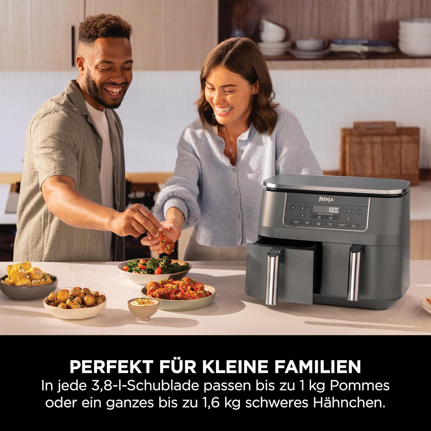 Ninja Dual Zone Digital Air Fryer, 2 Schubladen, 6-in-1, Heißluftfritteuse ohne Öl, 7,6L, Heißluft-Frittieren, Max Crisp, Rösten, Backen, Aufwärmen, Spülmaschinenfeste Körbe, Metallic Grau DZ300EU