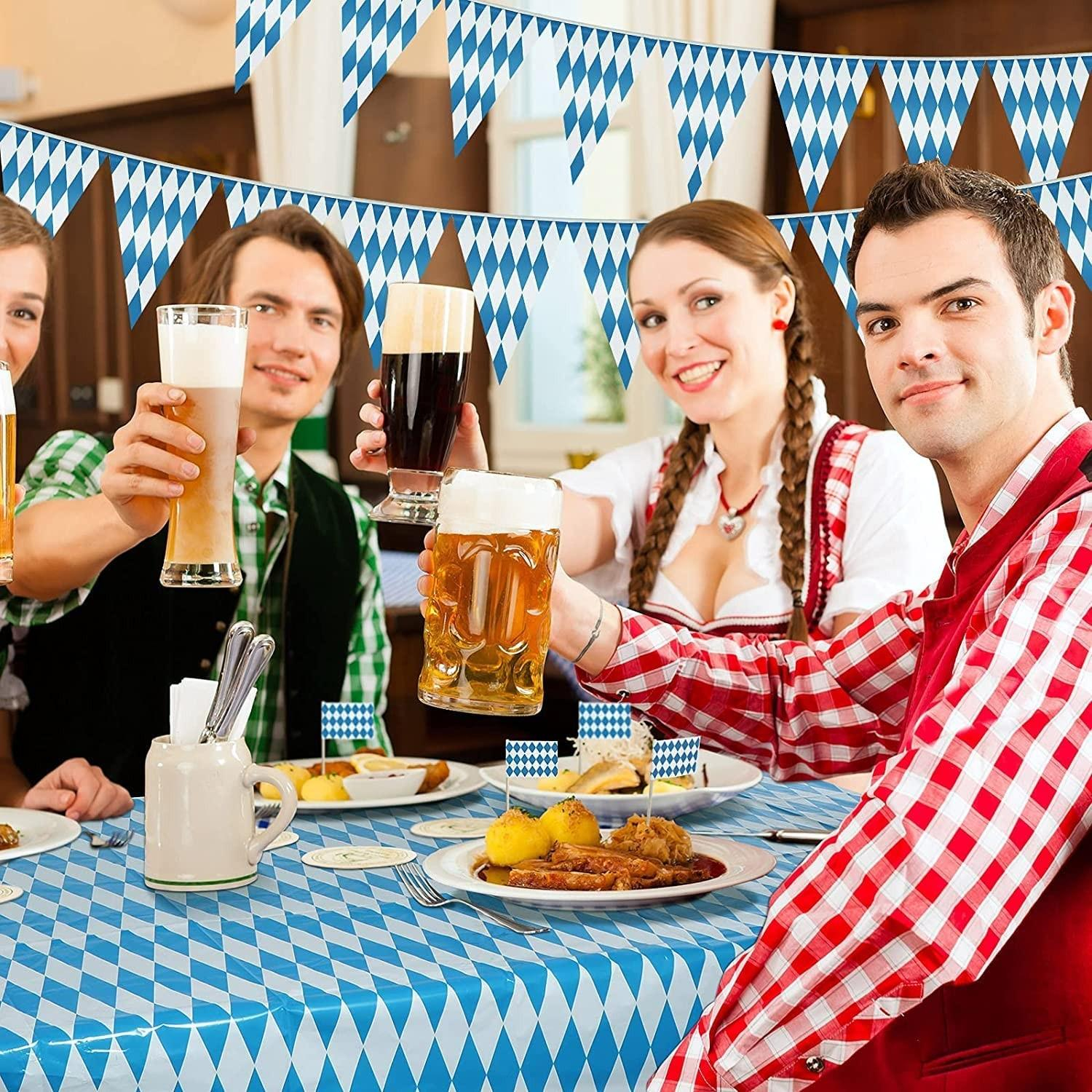 (22-tlg. Set) Fahnen Girlande Oktoberfest Party Deko   Tischdecke / Kuchenstecker - Blau / Weiss