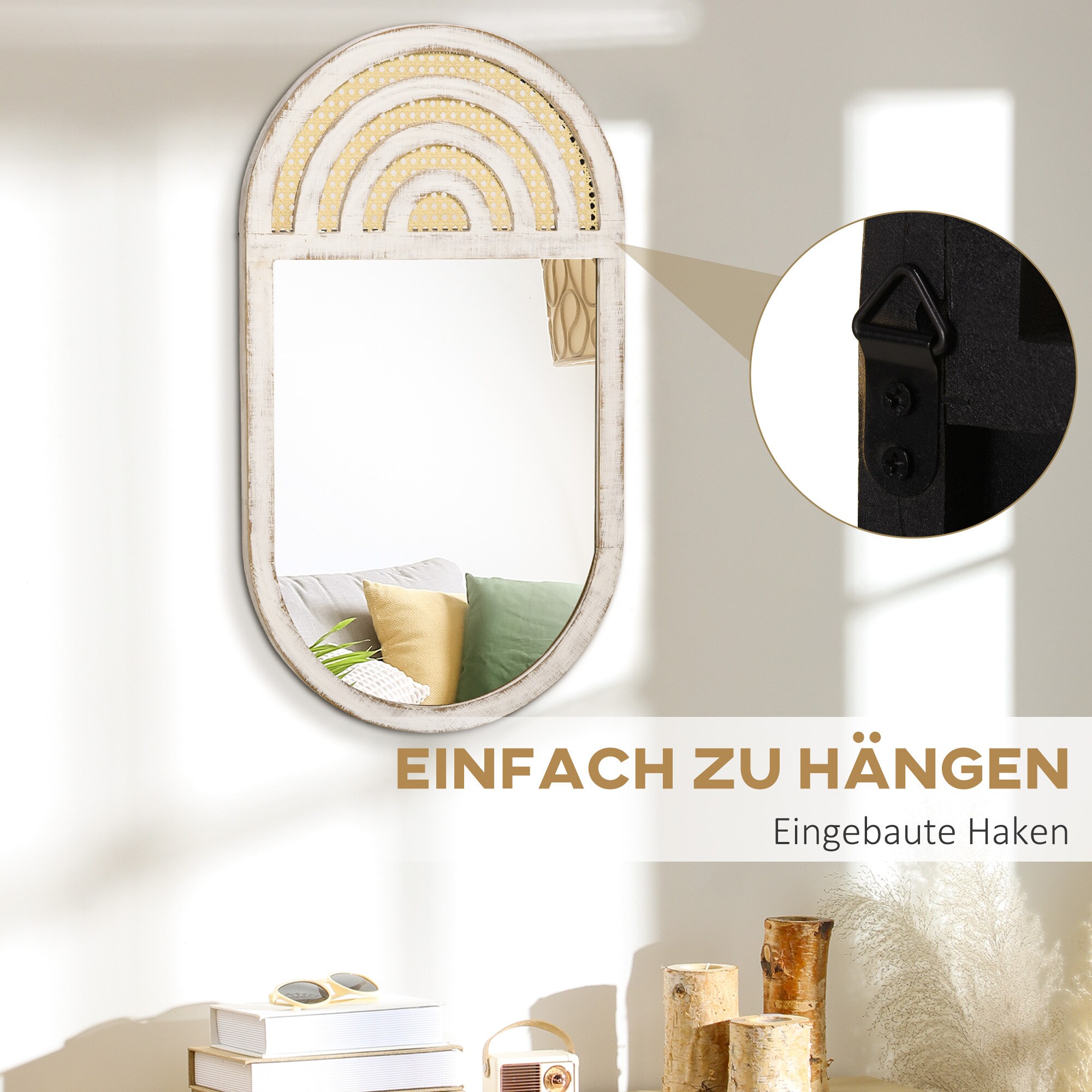 HOMCOM Wandspiegel mit eingebauten Haken weiß 50L x 3B x 90H cm