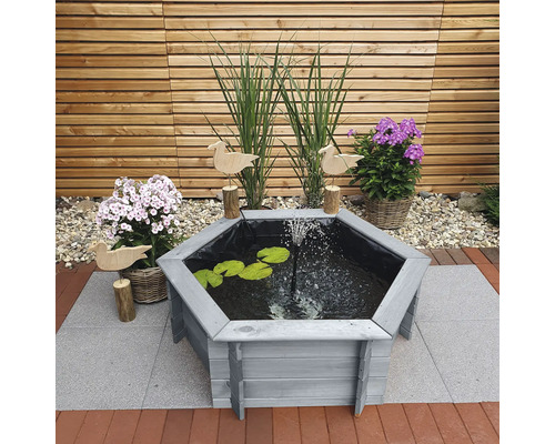 Promadino verhoogde vijver, 6-zijdige verhoogde vijver, grijs met vijverfolie, 122 x 105 x 40 cm en vijverpomp (600 ltr/u, 10m kabel) met fonteinsproeiers