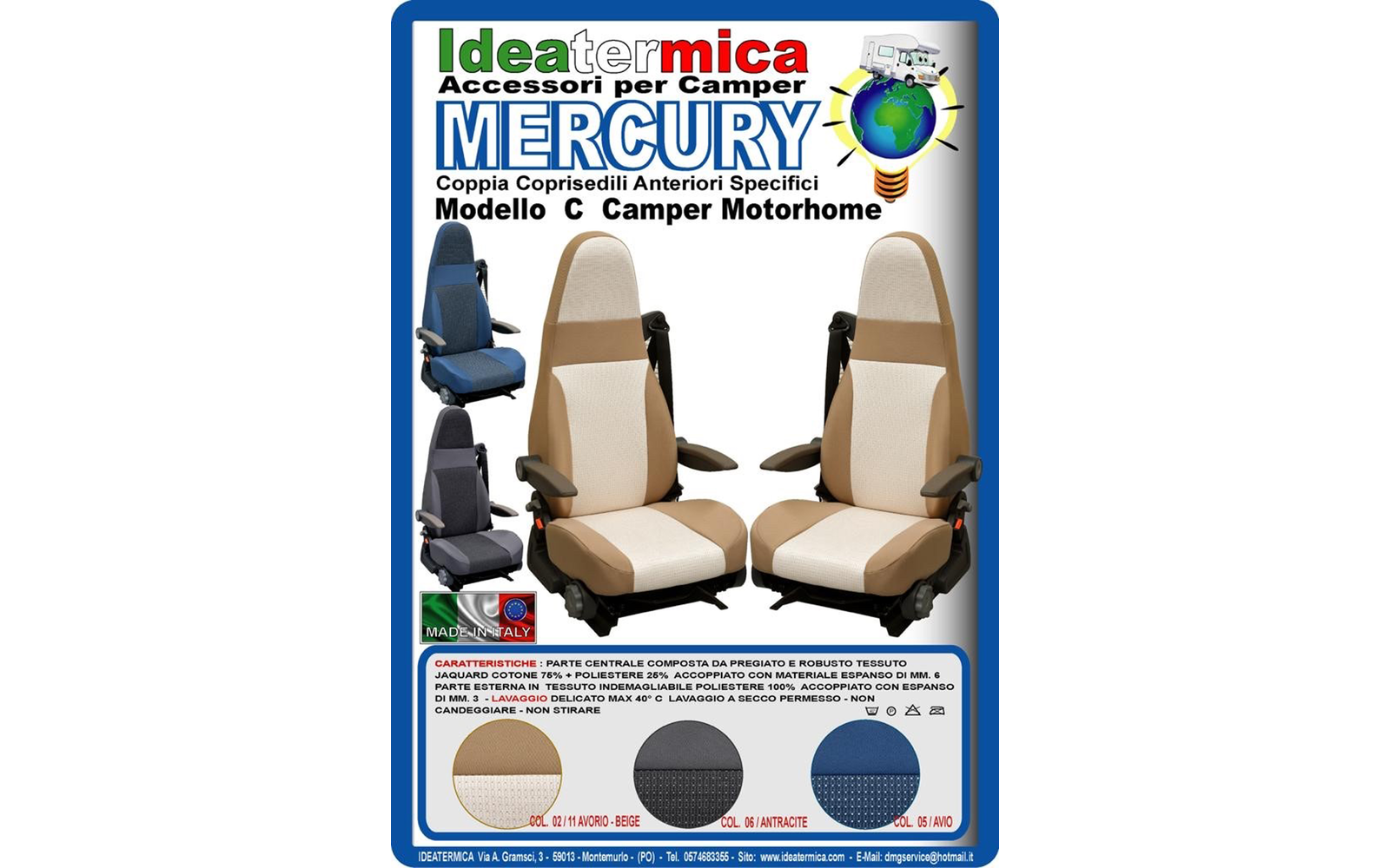 Ideatermica Mercury C Sitzbezug mit integrierter Kopfstütze und Gurten 2 Stück blau