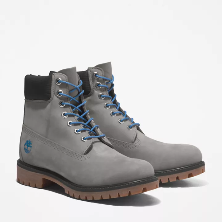 Bota Timberland Premium Masculina de 6 polegadas em Cinza/Azul