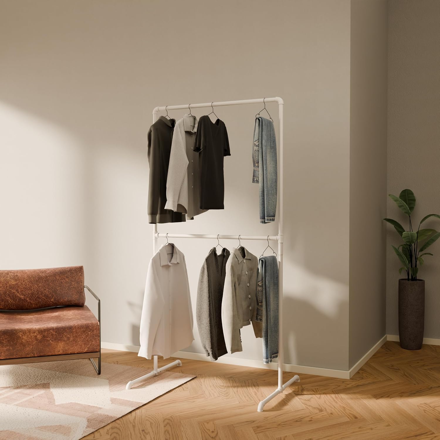 pamo Kleiderständer Weiß – Industrial Design Kleiderstange freistehend 99 x 194 cm – Offener Kleiderschrank & Garderobenständer Metall für Schlafzimmer, Flur & Ankleidezimmer