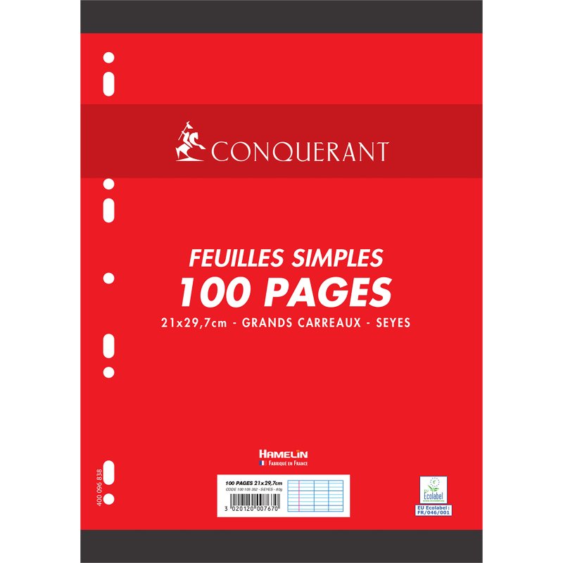 Feuillets mobiles 100 pages séyès format A4 21 x 29,7 cm Conquérant - perforées