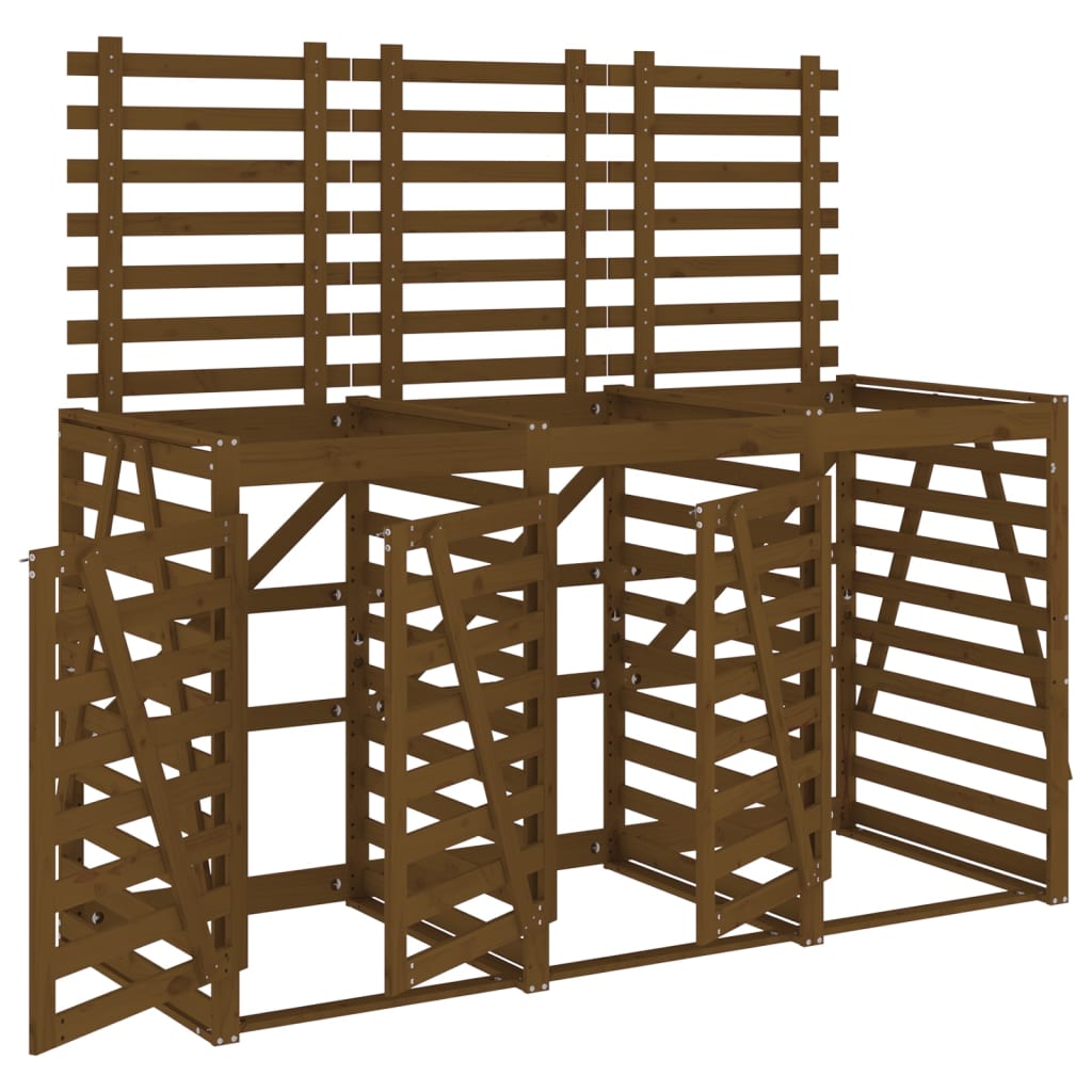 Abri pour poubelle triple sur roulettes marron miel bois pin