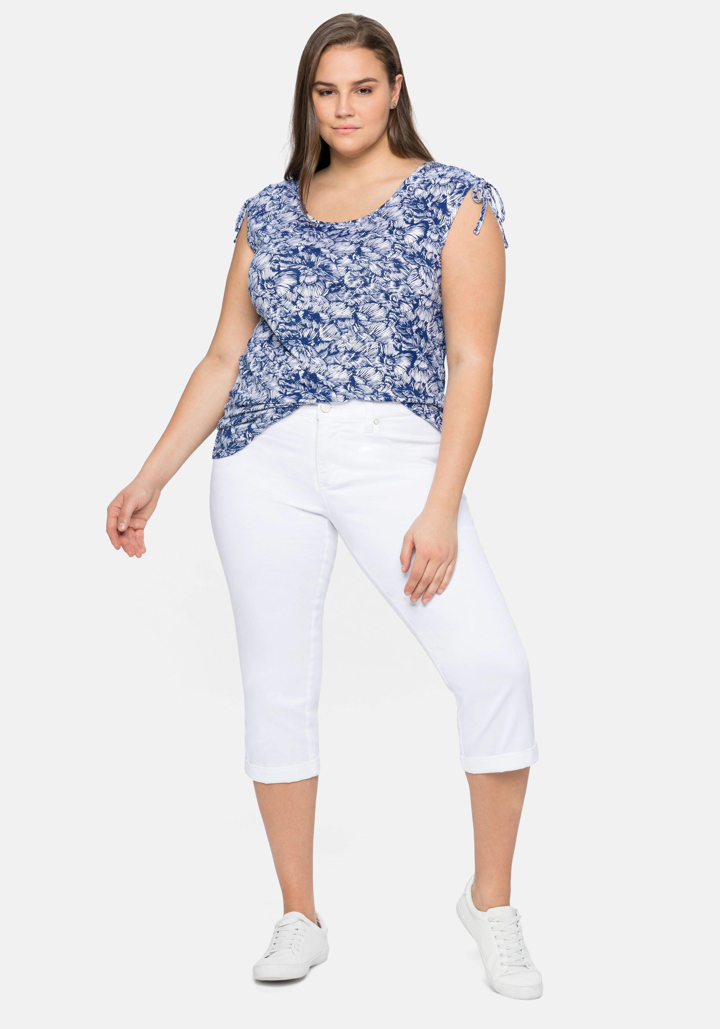 Jerseytop mit Blumenprint und geraffter Schulte