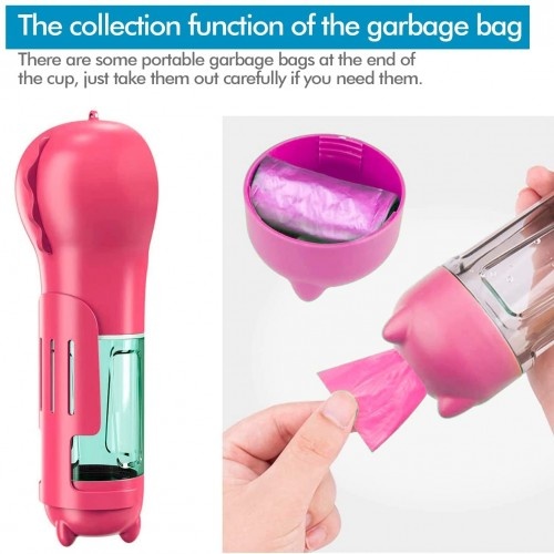 Tigela de água portátil Edipets com dispensador de sacos, rosa, para cães.