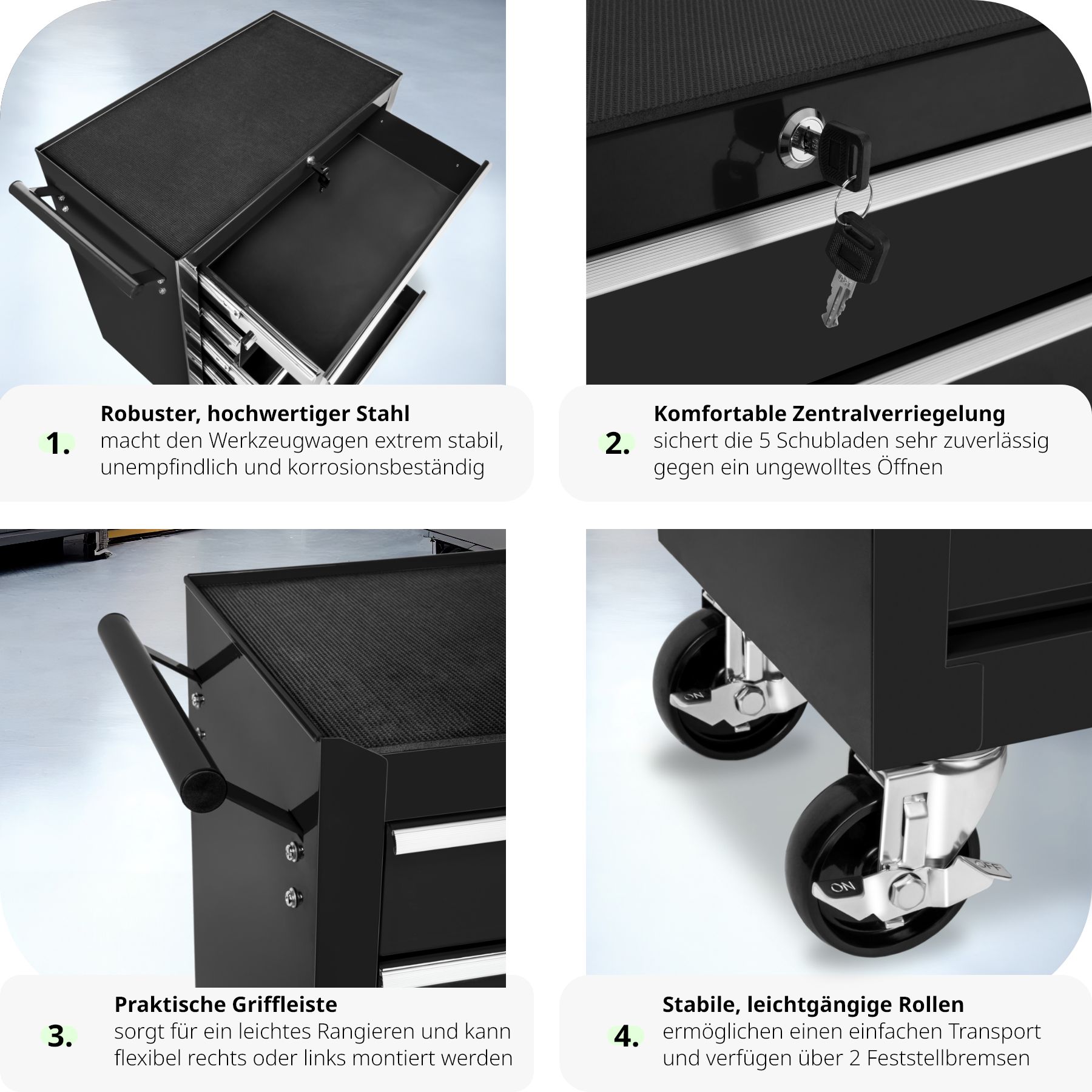 tectake® Werkzeugwagen, 5 kugelgelagerte Schubladen mit Antirutschmatten, zentrale Sicherheitsverriegelung, Rollen Ø 100 mm