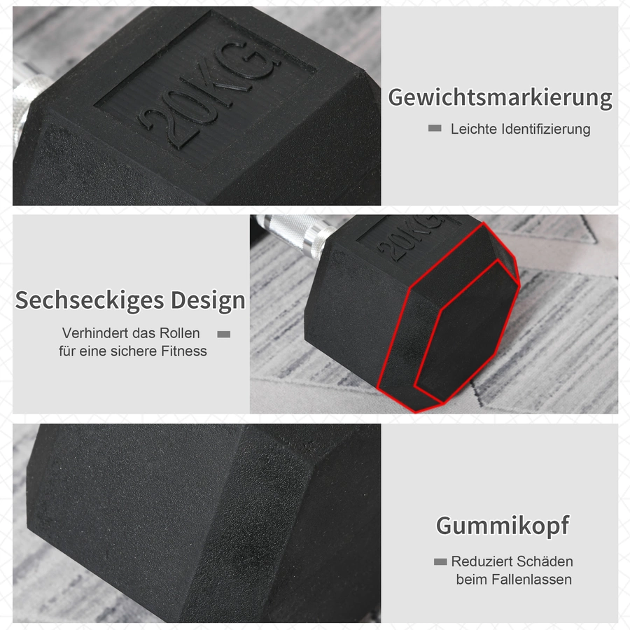HOMCOM Gummihantel 20 kg sechseckig schwarz