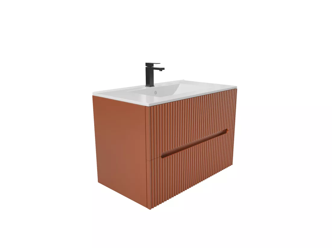 Meuble de salle de bain suspendu avec vasque à encastrer - Strié terracotta - 80 cm - PAVANI