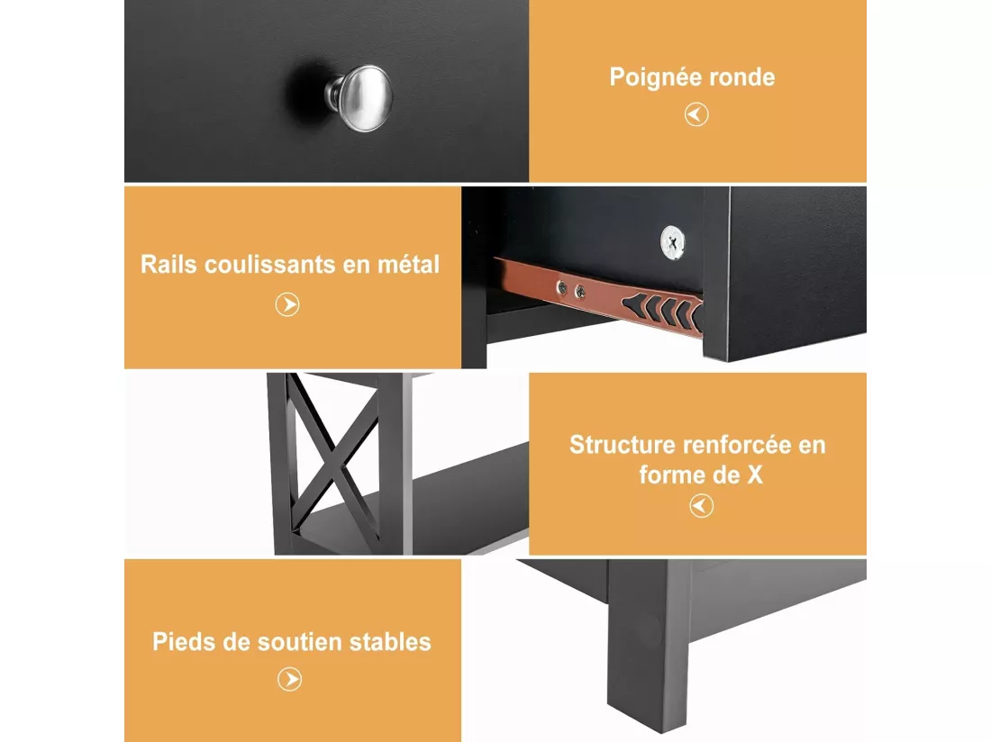Table console à 3 niveaux, 1 tiroir et 2 étagères, cadre en x, 100x30x80cm noir