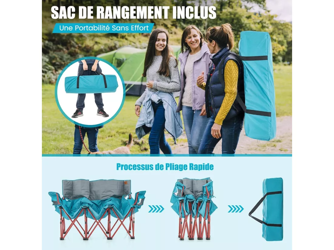 Chaise de Camping Surdimensionnée, Chaise de Pique-Nique Portable à 3 Places, Chaise de Plage avec Porte-gobelet et Sac de Transport, Charge 450 KG(196 x 70 x 82 cm, Bleu)