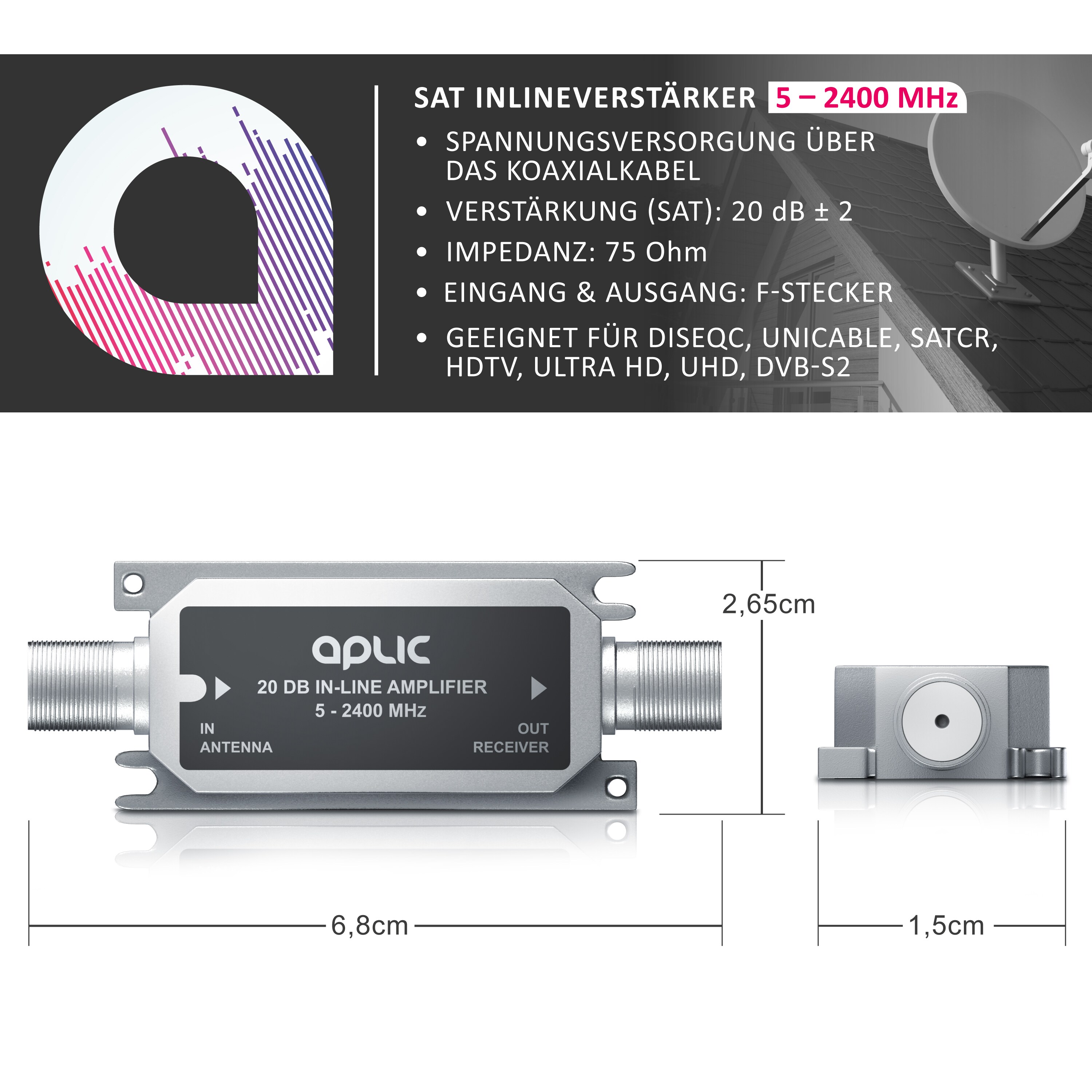 Aplic SAT Verstärker 20 dB Inlineverstärker / 5 MHz - 2400 MHz