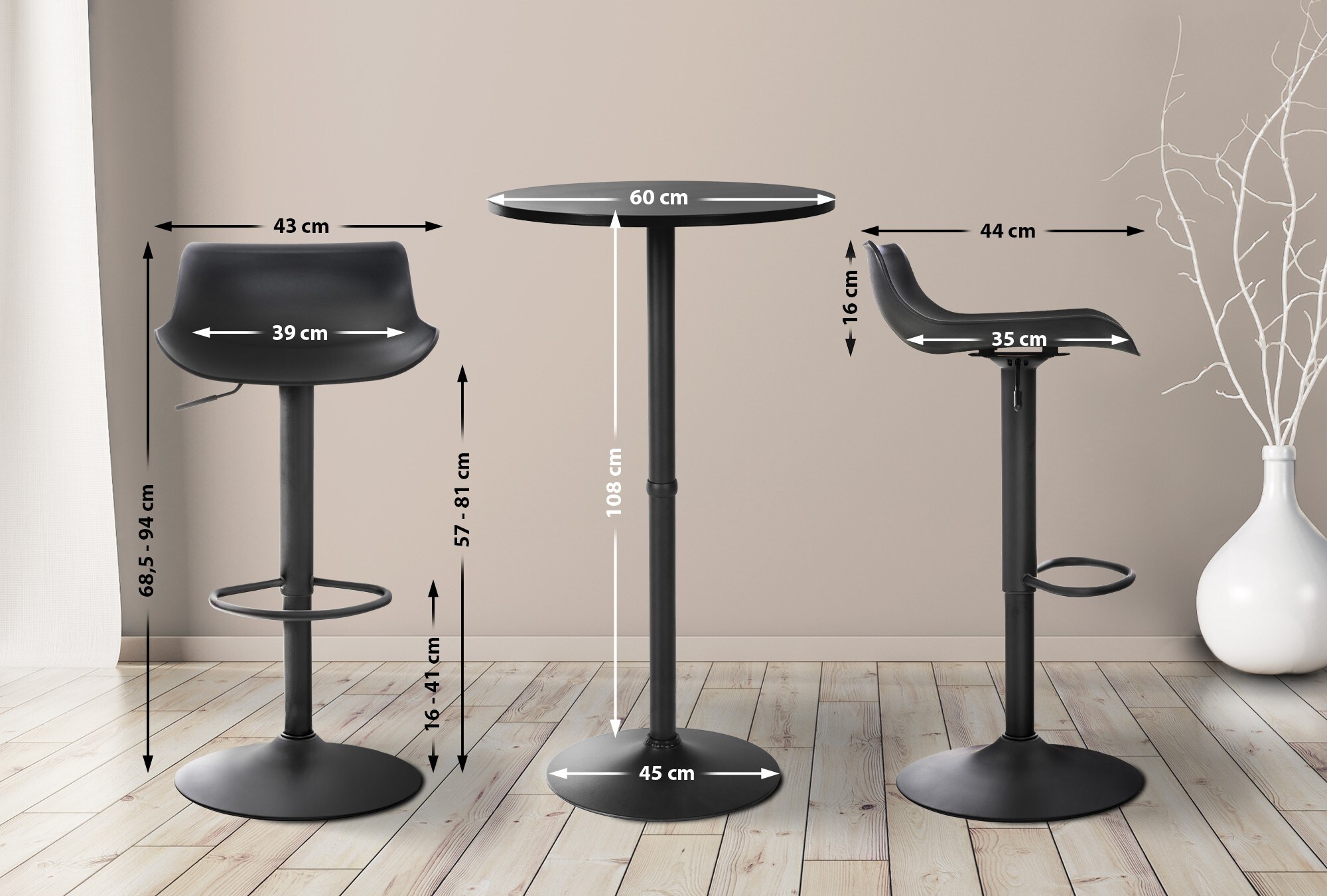 CLP Bartisch-Set Fernie I Runder Stehtisch Und 2x Barhocker Mit Kunststoff-Sitz