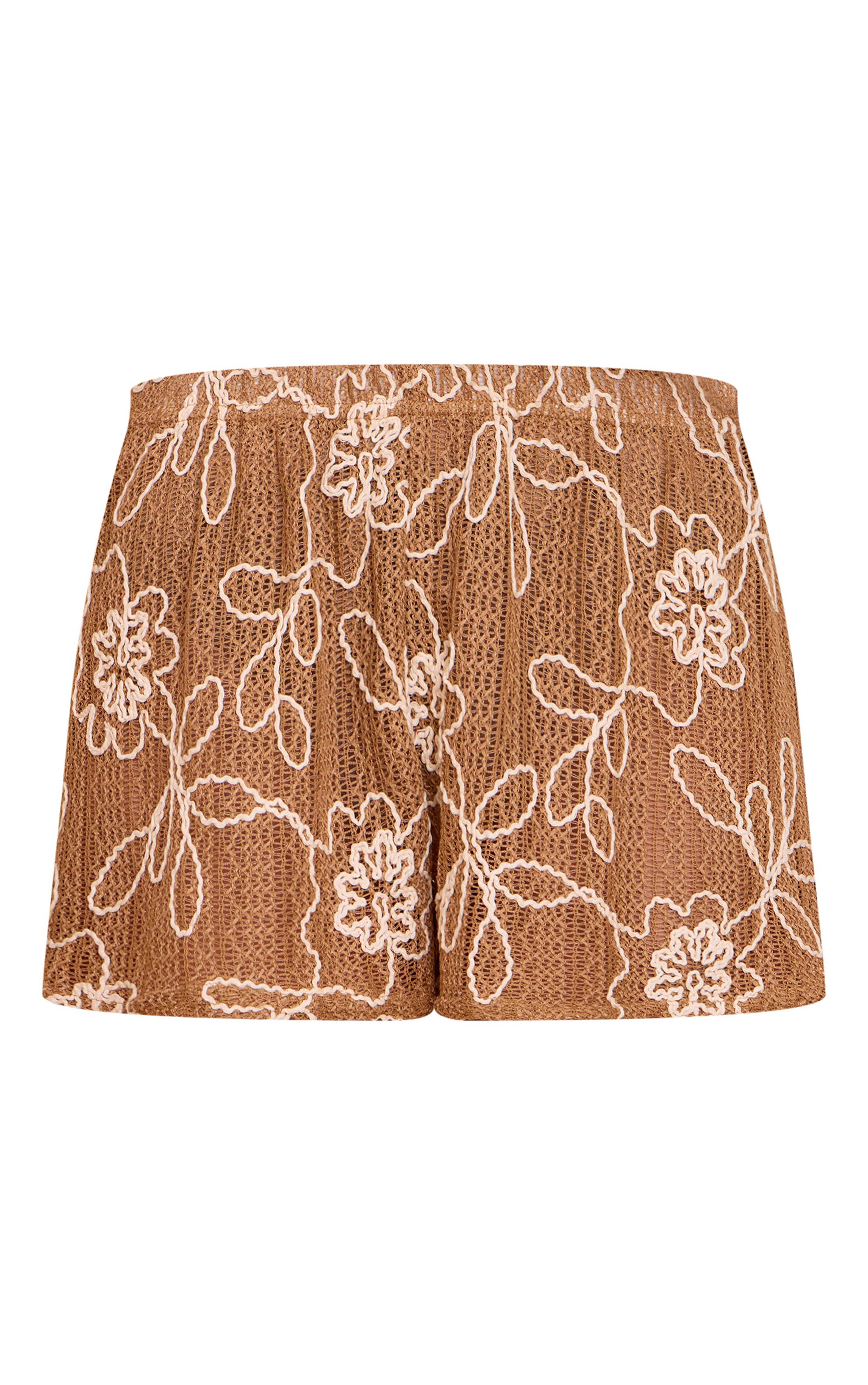 Marron Short Fluide Brodé À Motifs Floraux