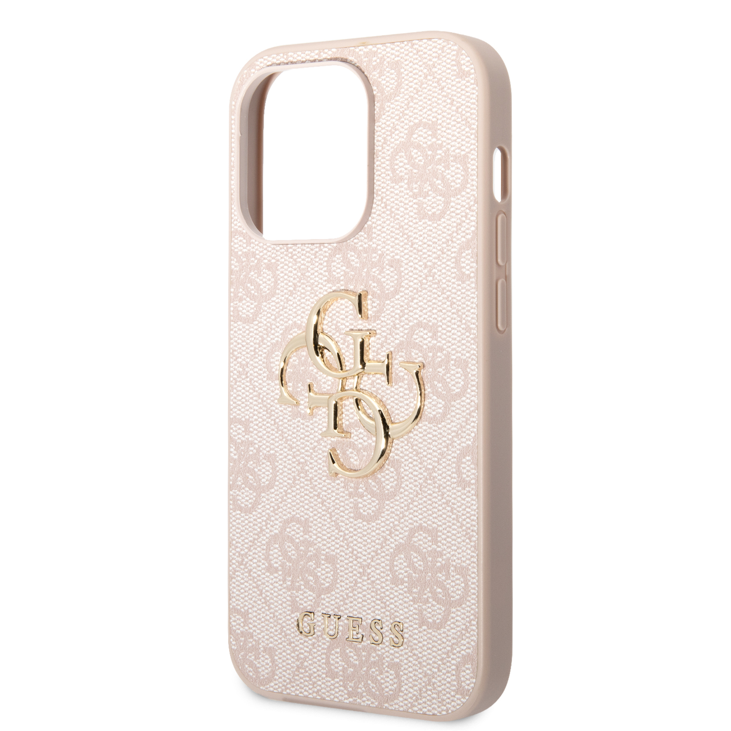 iPhone 14 Pro Max Leder Hardcase Hülle Metall Logo (GUHCP14X4GMGPI) - Rosa / Gold