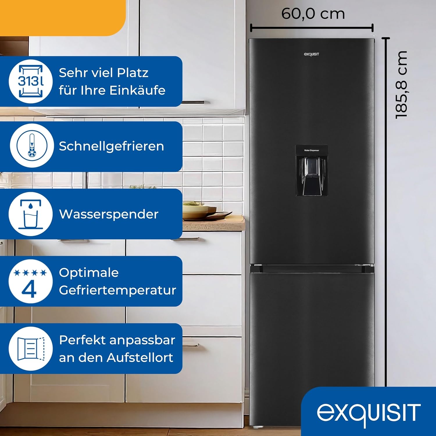 Exquisit Kühl-Gefrierkombination, 186 cm Höhe, Kühlschrank mit Wasserspender, 4-Sterne-Gefrieren, 313 Liter, Alarm-Funktion, KGC5320-95-E-WS-040C inoxlook-az