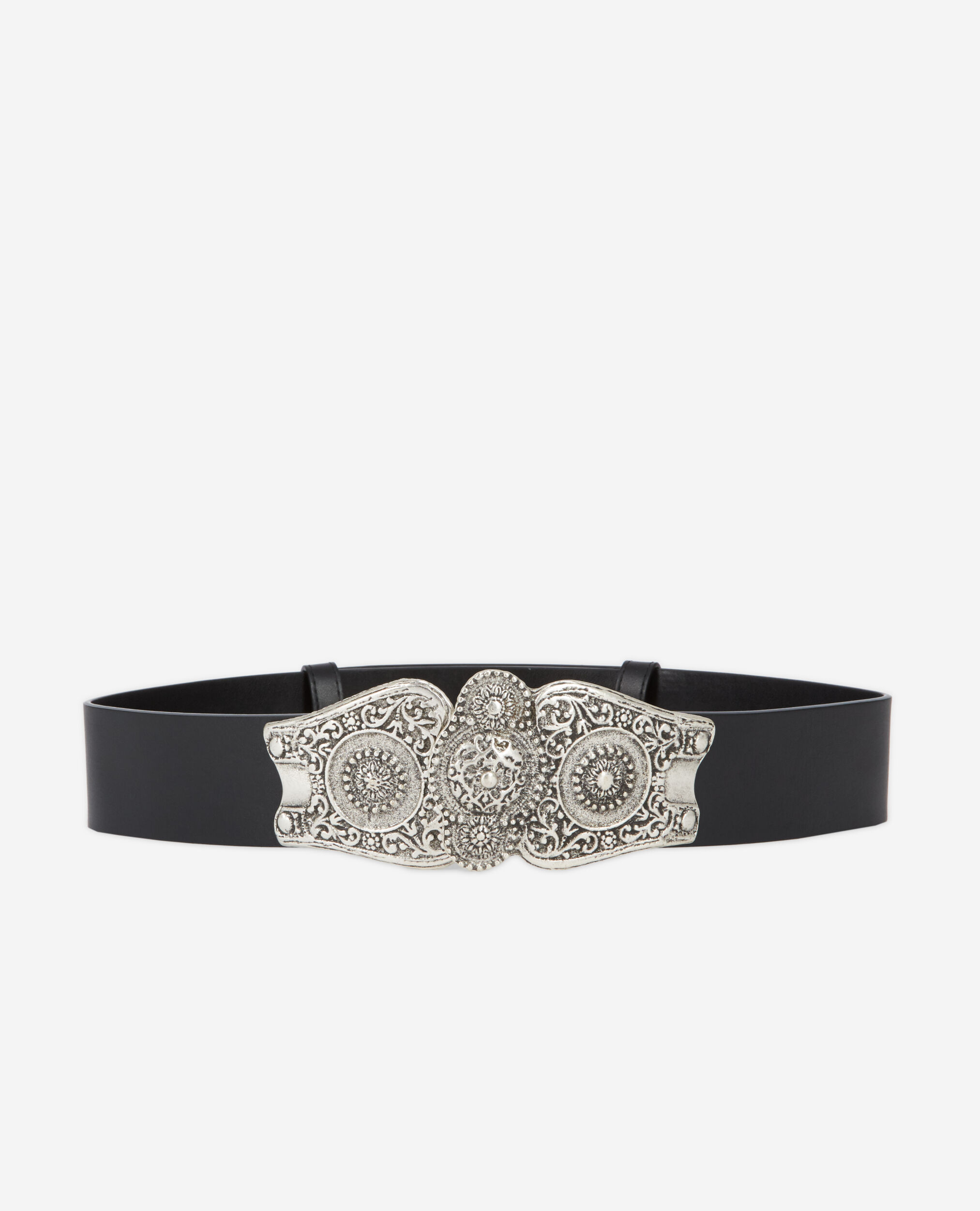 Ceinture noire large en cuir avec grande boucle Western