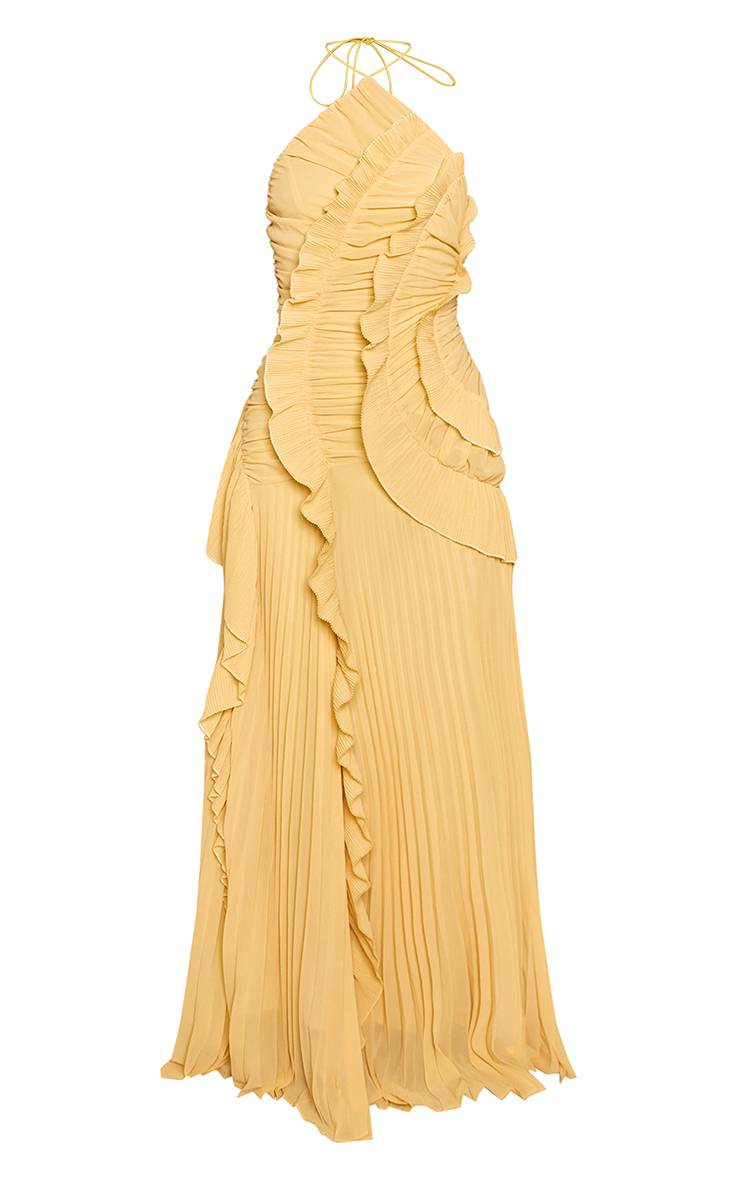 Citron Robe Longue À Col Licou Avec Volant Plissé
