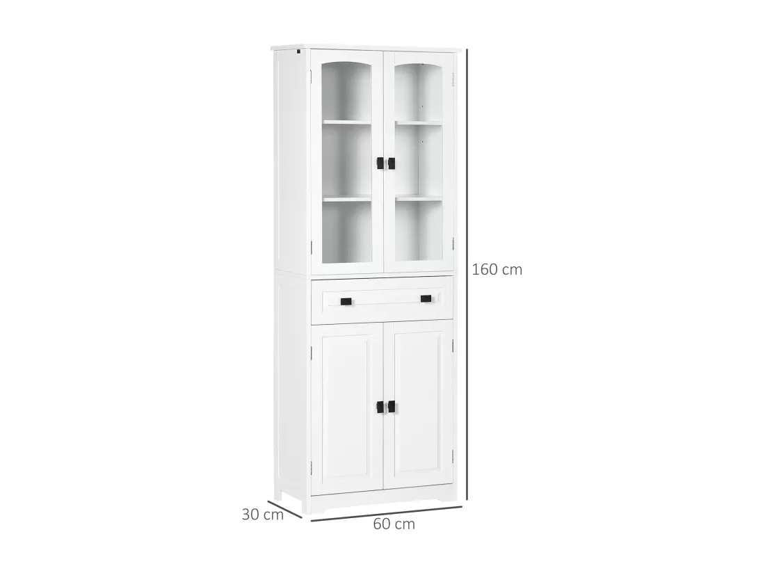 Armoire de cuisine buffet haut 4 portes 3 étagères tiroir verre trempé panneaux MDF blanc